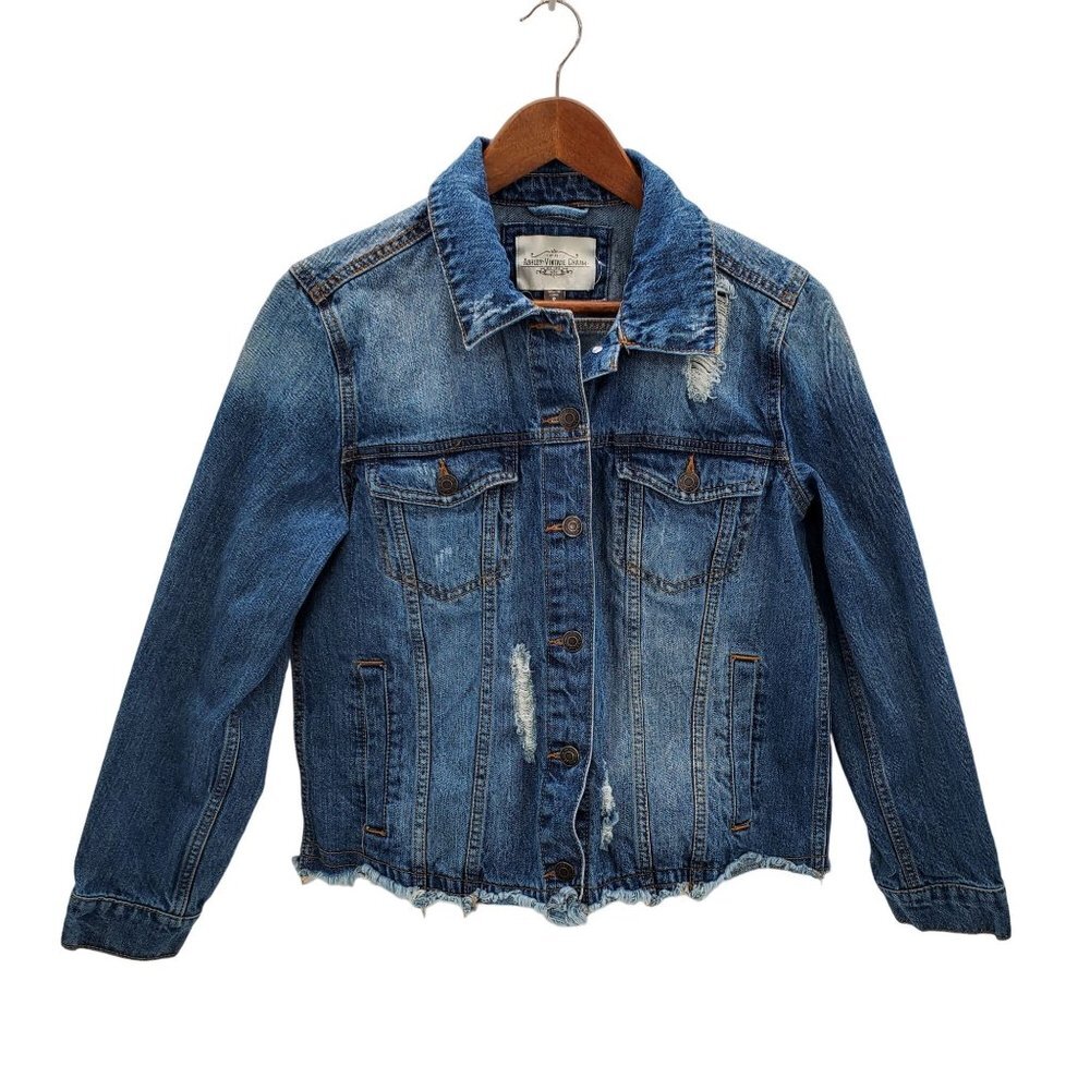 Ashley Vintage Charm Womens Button Front Denim Jean Jacket Sz S Small Distressed